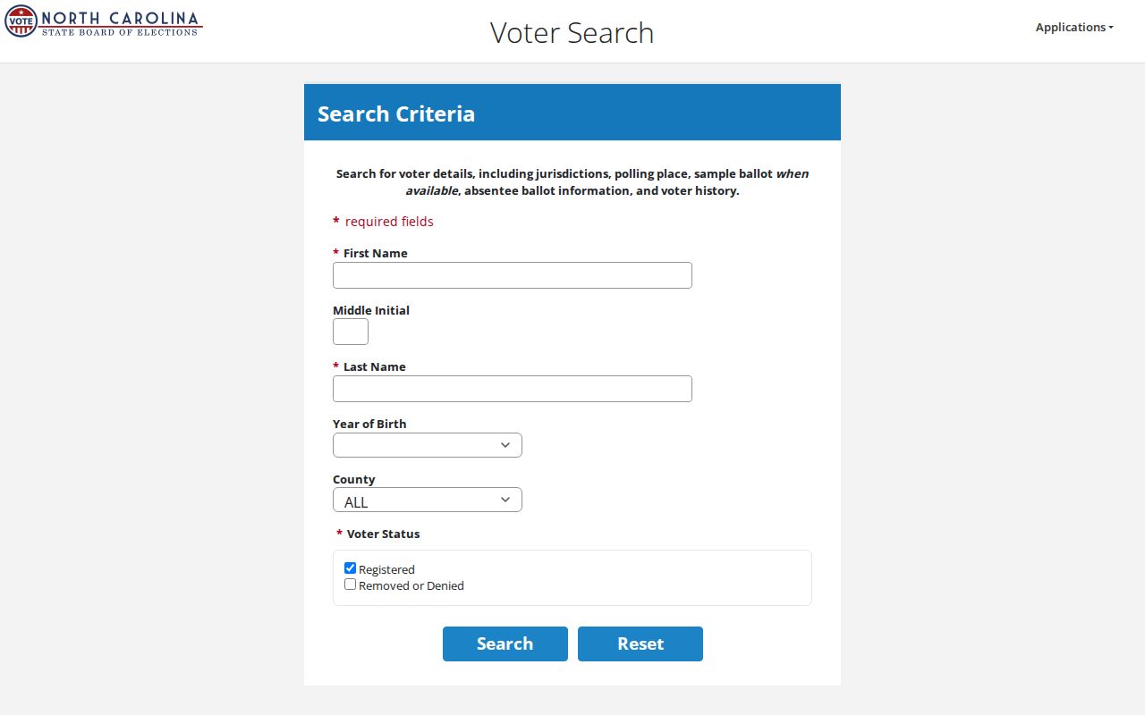 Mint Hill voter registration search fields in the North Carolina lookup